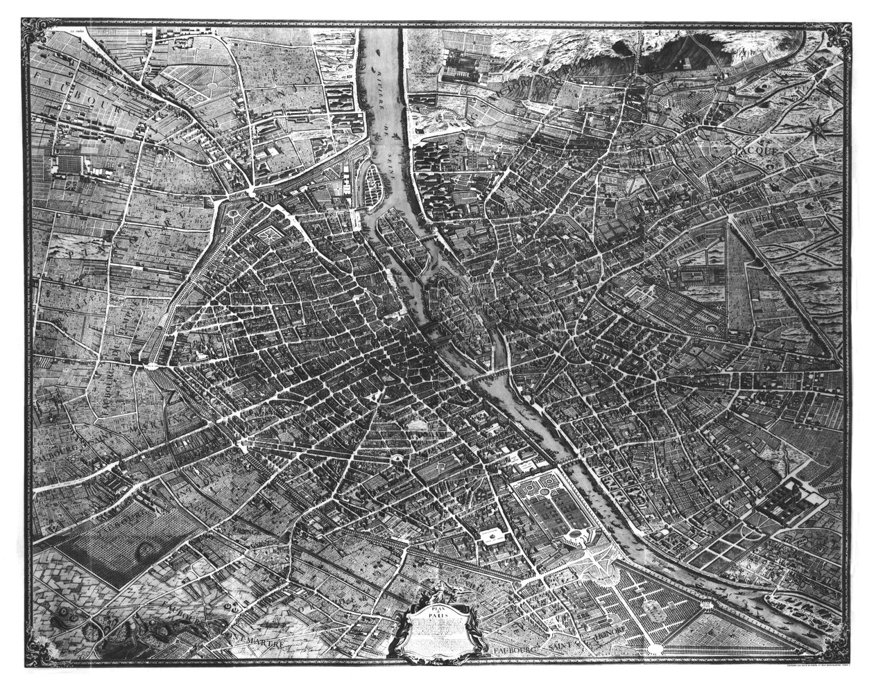 Pariisin suunnitelma, joka tunnetaan nimellä "Plan de Turgot", kaiverrus Claude Lucas, 1734-39 tekijältä Louis Bretez
