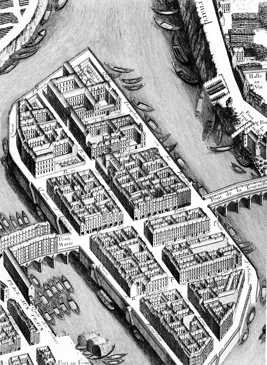 Ile St. Louis, yksityiskohta Pariisin suunnitelmasta, joka tunnetaan nimellä Plan de Turgot, kaivertanut Claude Lucas, 1734-39 kaiverrus yksityiskohta numerosta 233535 tekijältä Louis Bretez