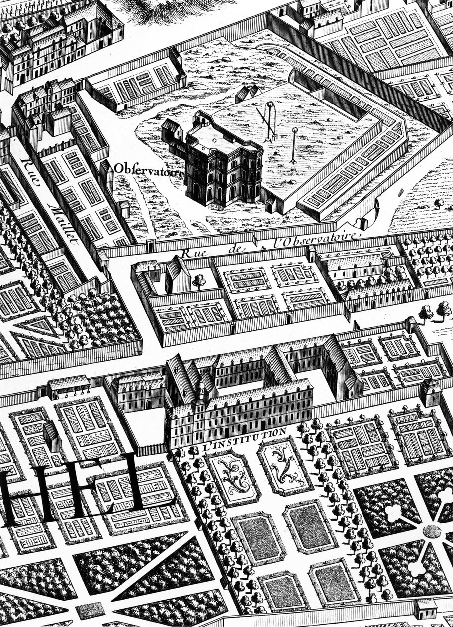 Observatorio, yksityiskohta Pariisin suunnitelmasta, joka tunnetaan nimellä Plan de Turgot, kaivertaja Claude Lucas, 1734-39. Kaiverruskuva, yksityiskohta kuvasta 233535. tekijältä Louis Bretez