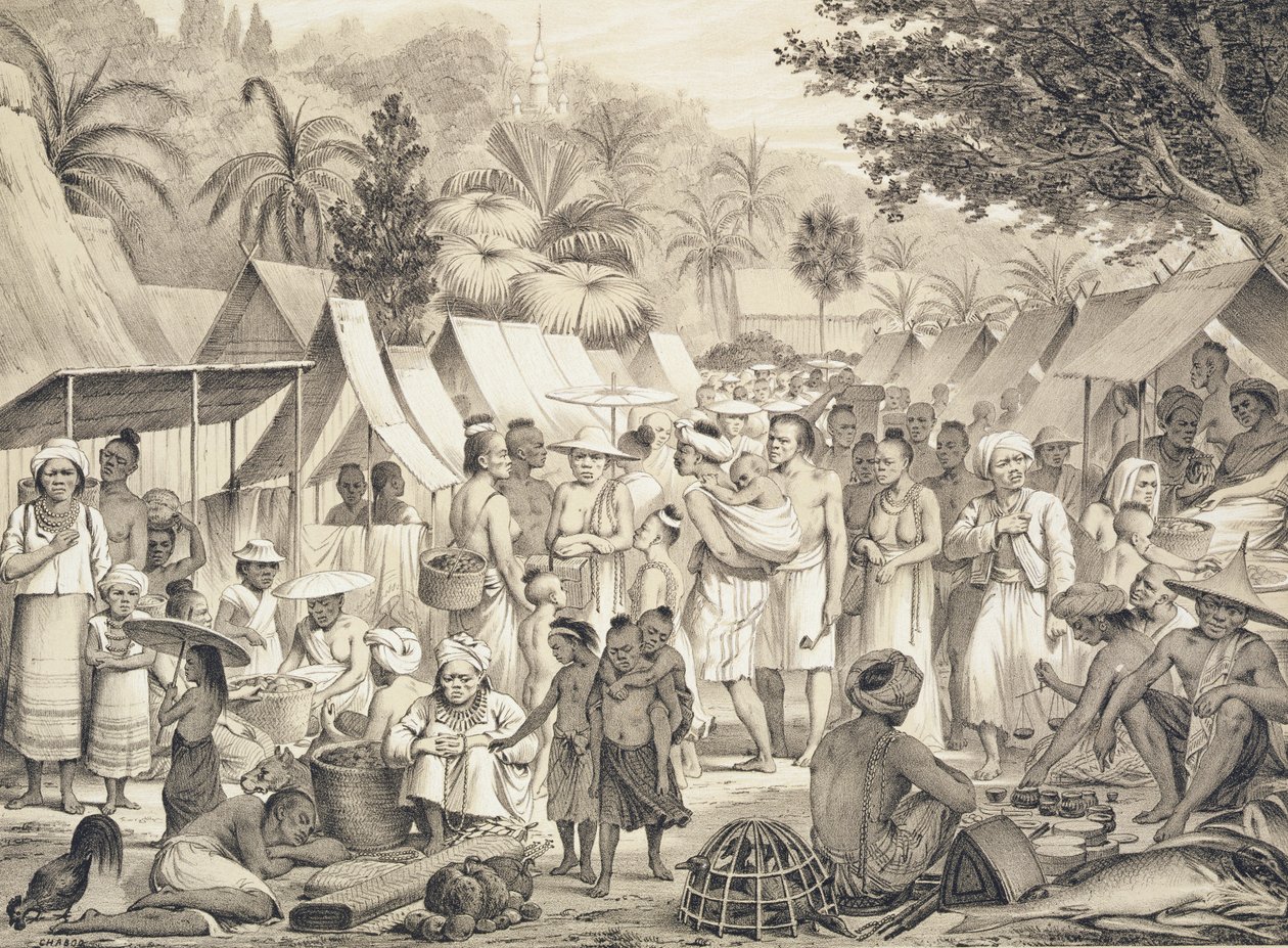 Markkinat Luang Prabangissa, Laosissa, kuva Doudart de Lagreen (1823-68) 1873 Atlas du Voyage d