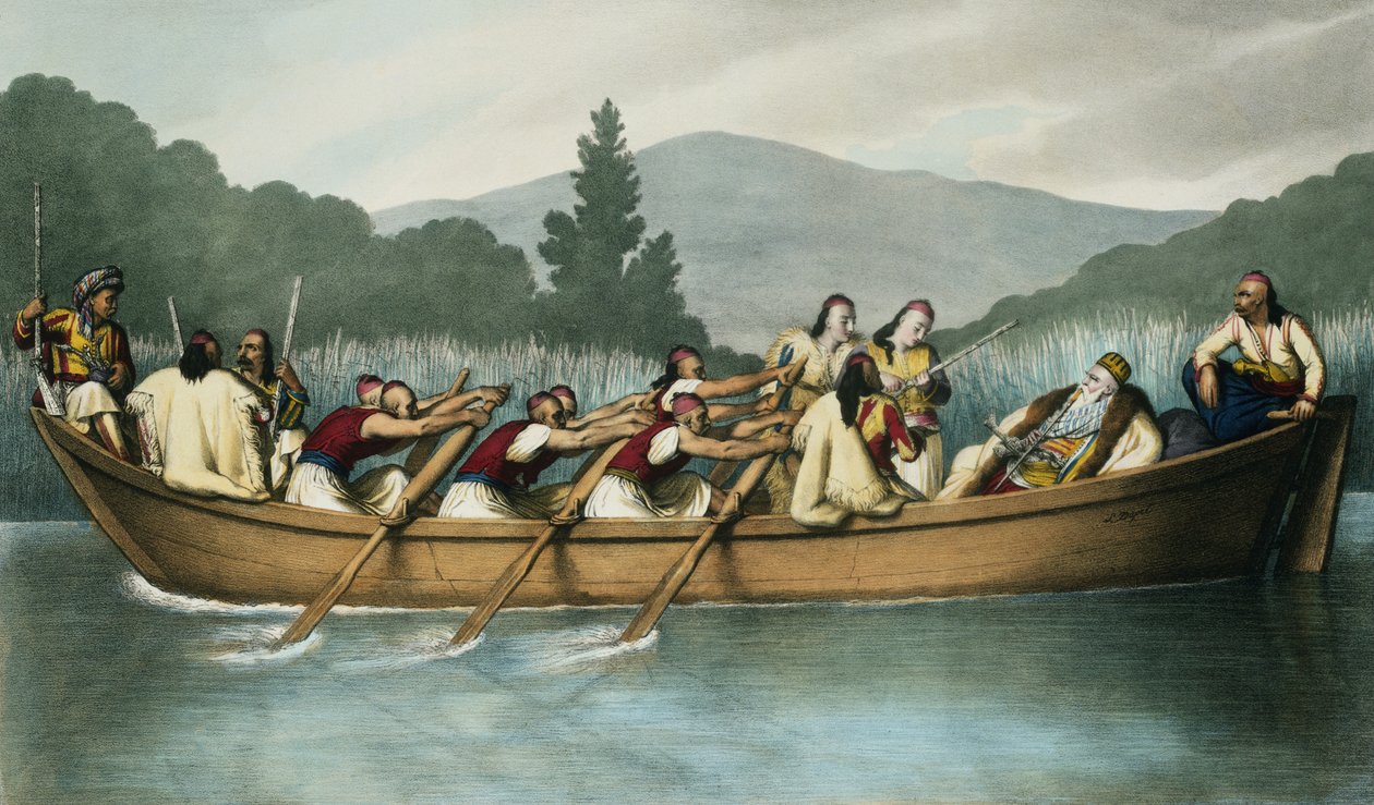 Ali Pasha (1741-1822) Janinasta metsästämässä Butrintojärvellä maaliskuussa 1819, kaiverrus Mlle. Formentin, 1825 tekijältä Louis Dupré