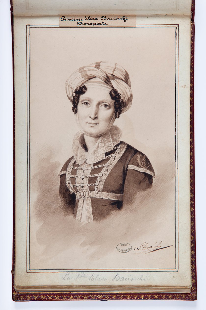 Elisa Bonaparten muotokuva, prinsessa Baciocchi, kuvitus Elisa Bonaparten pienestä albumista, n. 1820 (kynä ja mustepesu paperille) tekijältä Louis Dupré