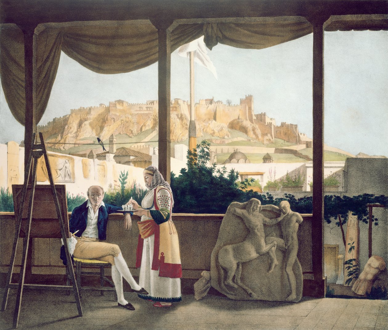 Ranskan konsuli, monsieur Fauvel, talonsa terassilla Ateenassa, kaiverrettu Thierry Brothersin toimesta, 1825 tekijältä Louis Dupré