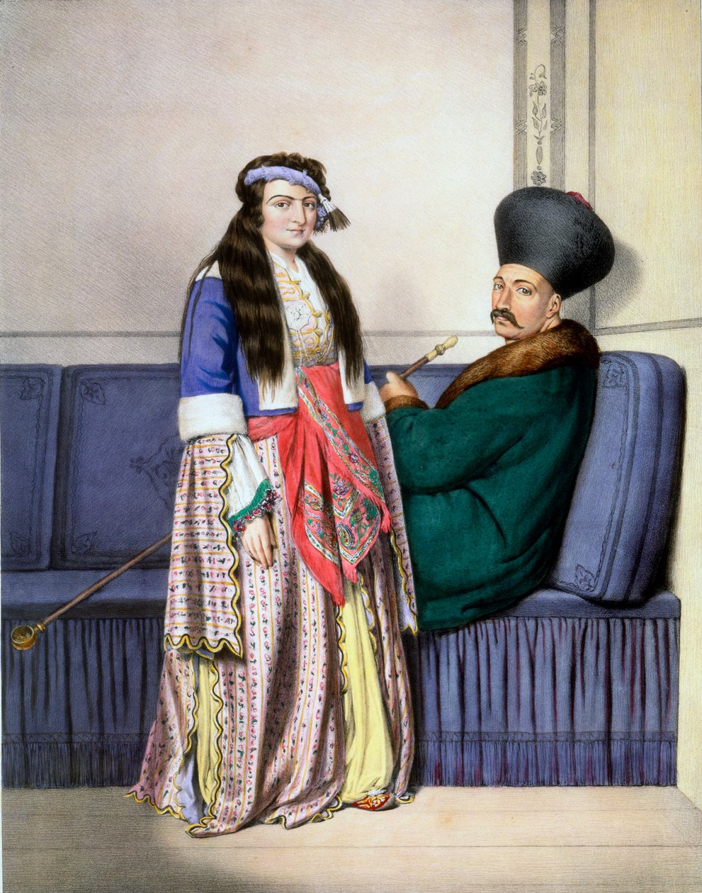 Armenialainen hinta ja hänen vaimonsa - Levy XXVII, kaiverrettu Lemercier teoksesta "Voyage à Athènes et a à Constantinopoli", kirjoittanut ja kuvittanut Dupre, 1828 tekijältä Louis Dupré