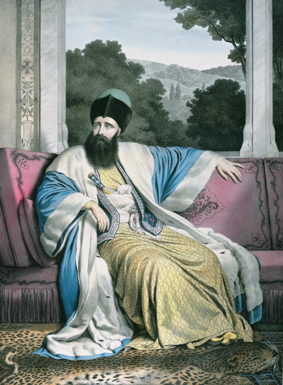 Michael Soutzo (Mihai Sutu), Moldavian prinssi 1819-21, Lemercier kaivertanut teokseen Voyage a Athenes et Constantinopoli, kirjoittanut ja kuvittanut Dupre, 1828 tekijältä Louis Dupré
