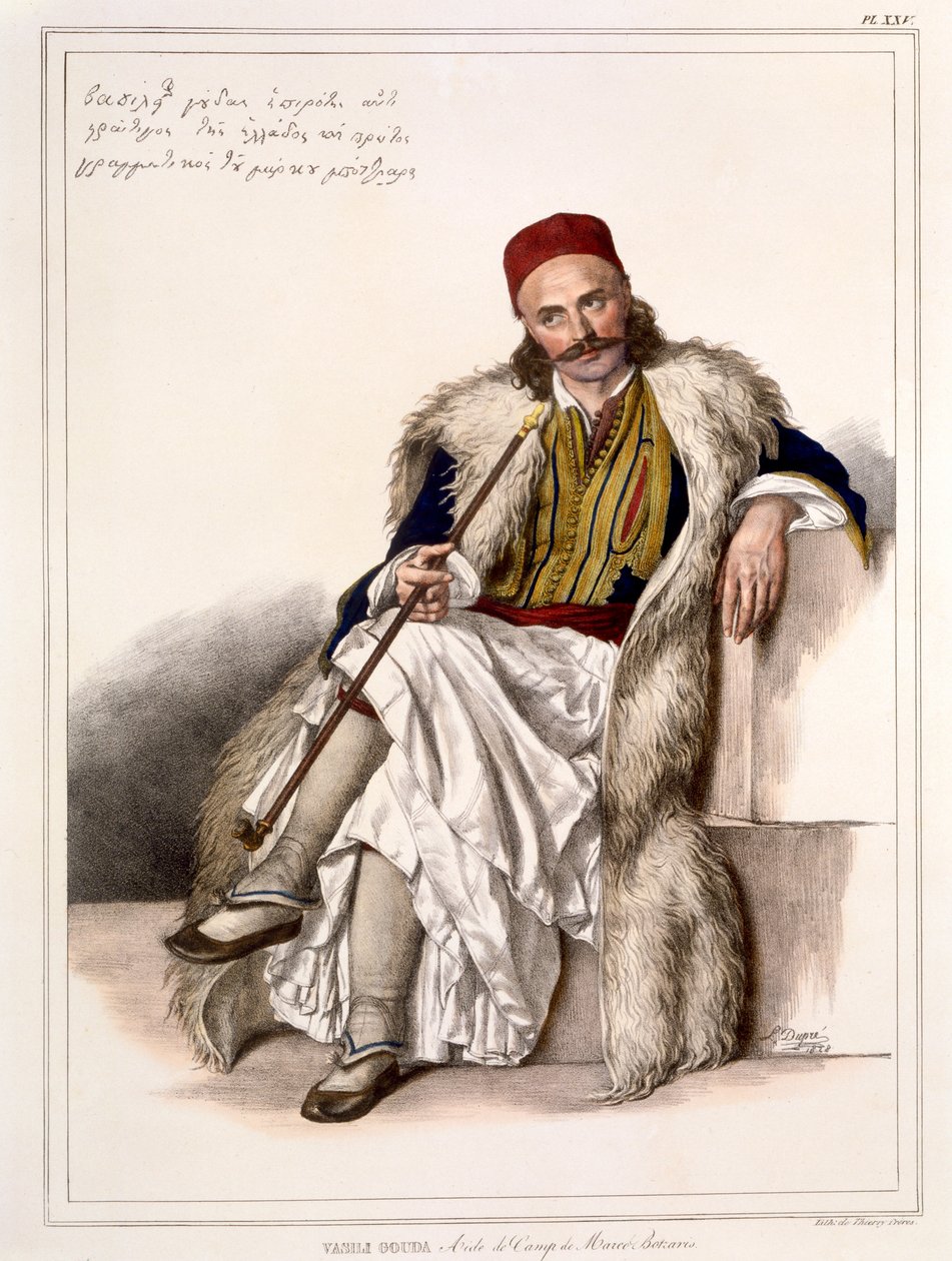 Vanila Gouda, Notis Botazarisin apulainen - Levy XXV, kaiverrus Lemercier teoksesta "Voyage à Athens et a à Constantinopoli", kirjoittanut ja kuvittanut Dupre, 1828 tekijältä Louis Dupré