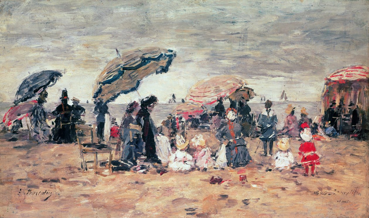 Auringonvarjot rannalla, Trouville, 1886 (paneeli) tekijältä Eugene Louis Boudin