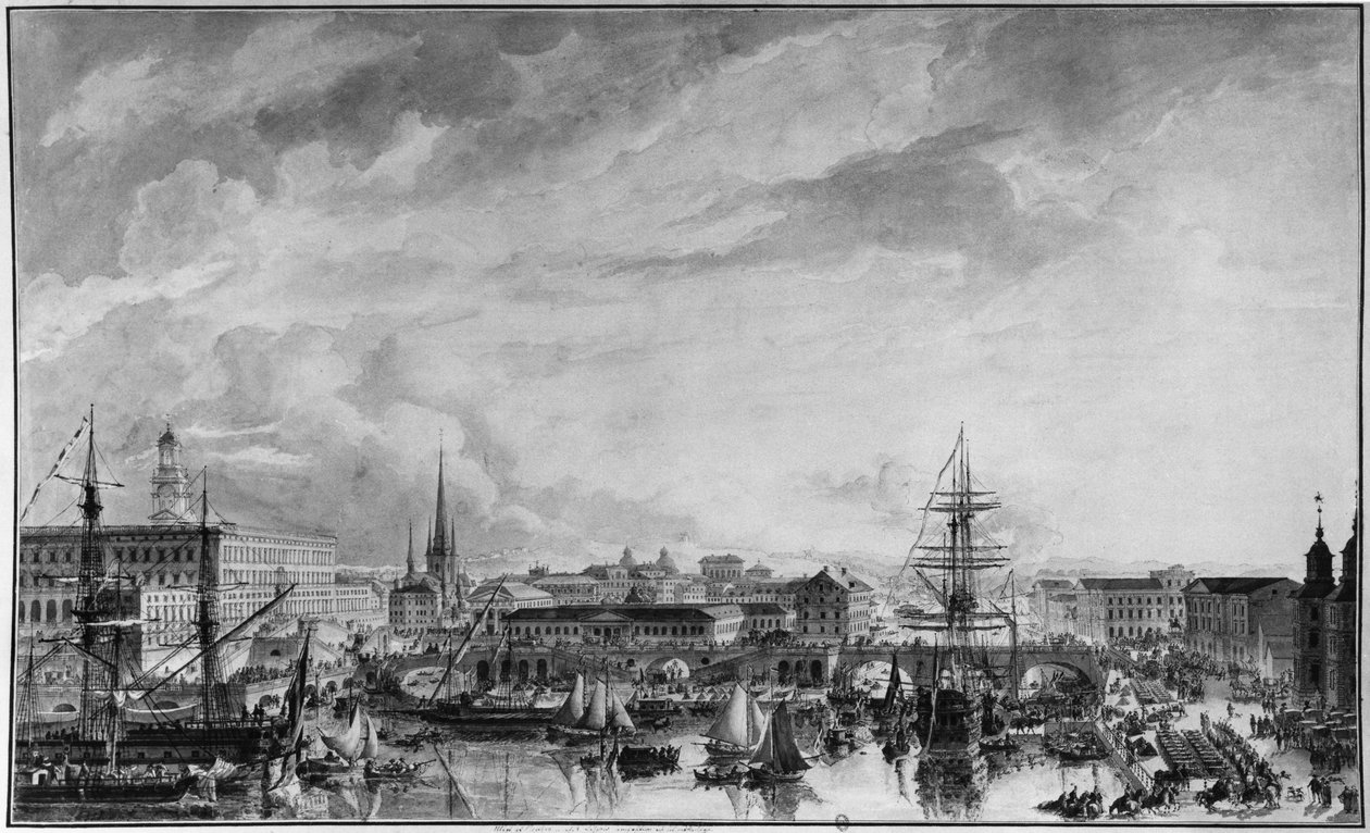 Näkymä Tukholmaan, 1700-luvun loppu (kynä ja pesu paperille) tekijältä Louis Jean Desprez