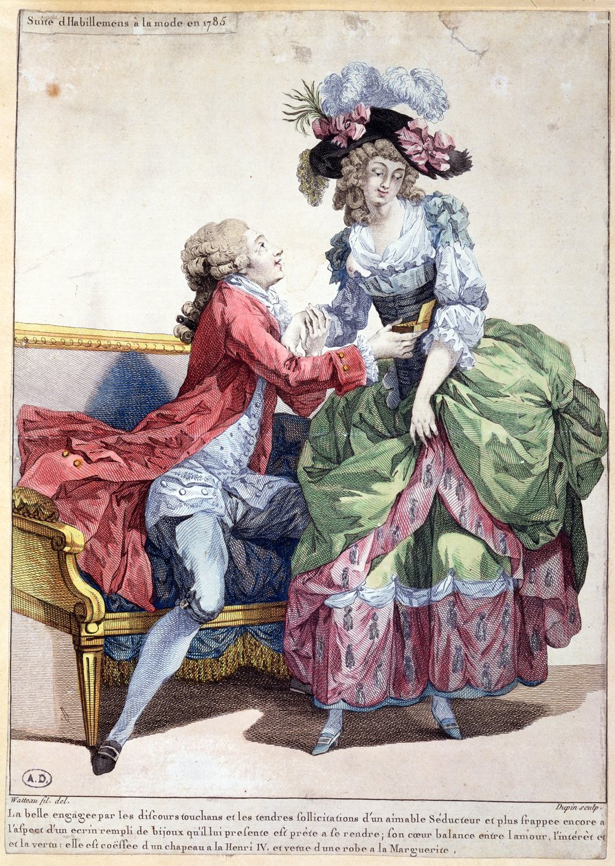 Muotilevy vuodelta 1785 (värikaiverrus) tekijältä Francois Louis Joseph Watteau