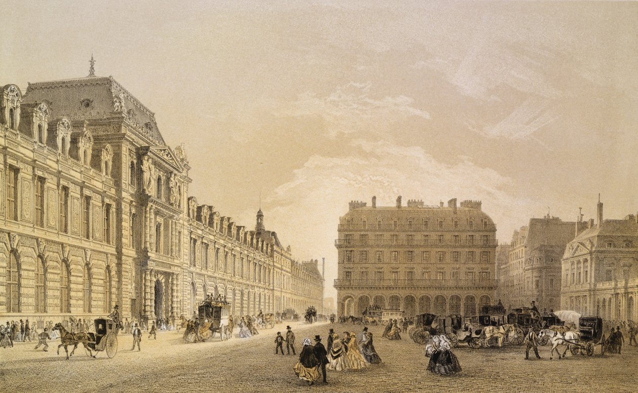 Näkymä Louvren, Rue de Rivolin ja Palais Royalin julkisivusta, 1855. tekijältä Louis Jules Arnout
