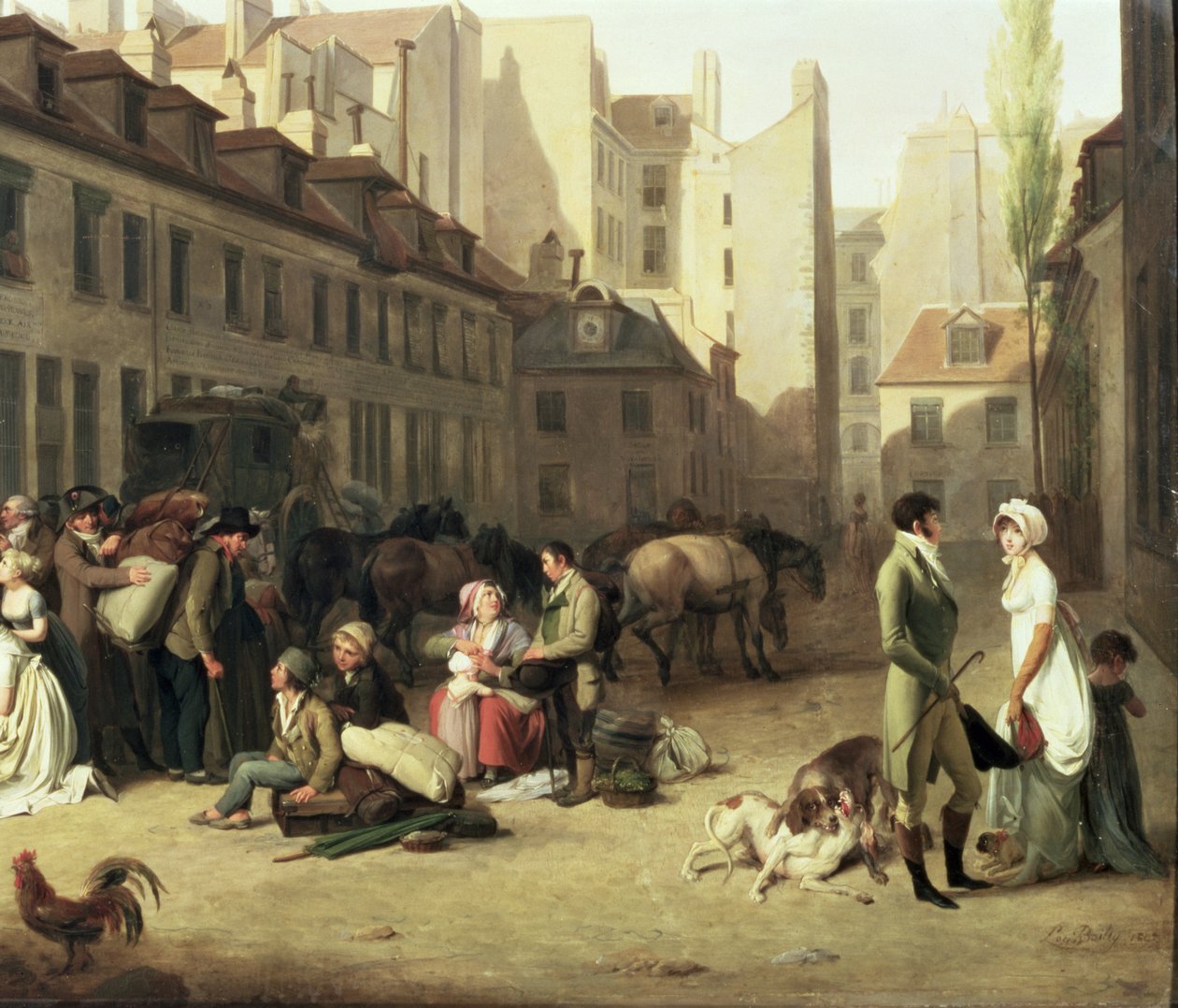 Stage-linja-auton saapuminen terminaaliin, yksityiskohta muutamista matkustajista, 1804 öljy paneelin yksityiskohta numerosta 82846 tekijältä Louis Leopold Boilly