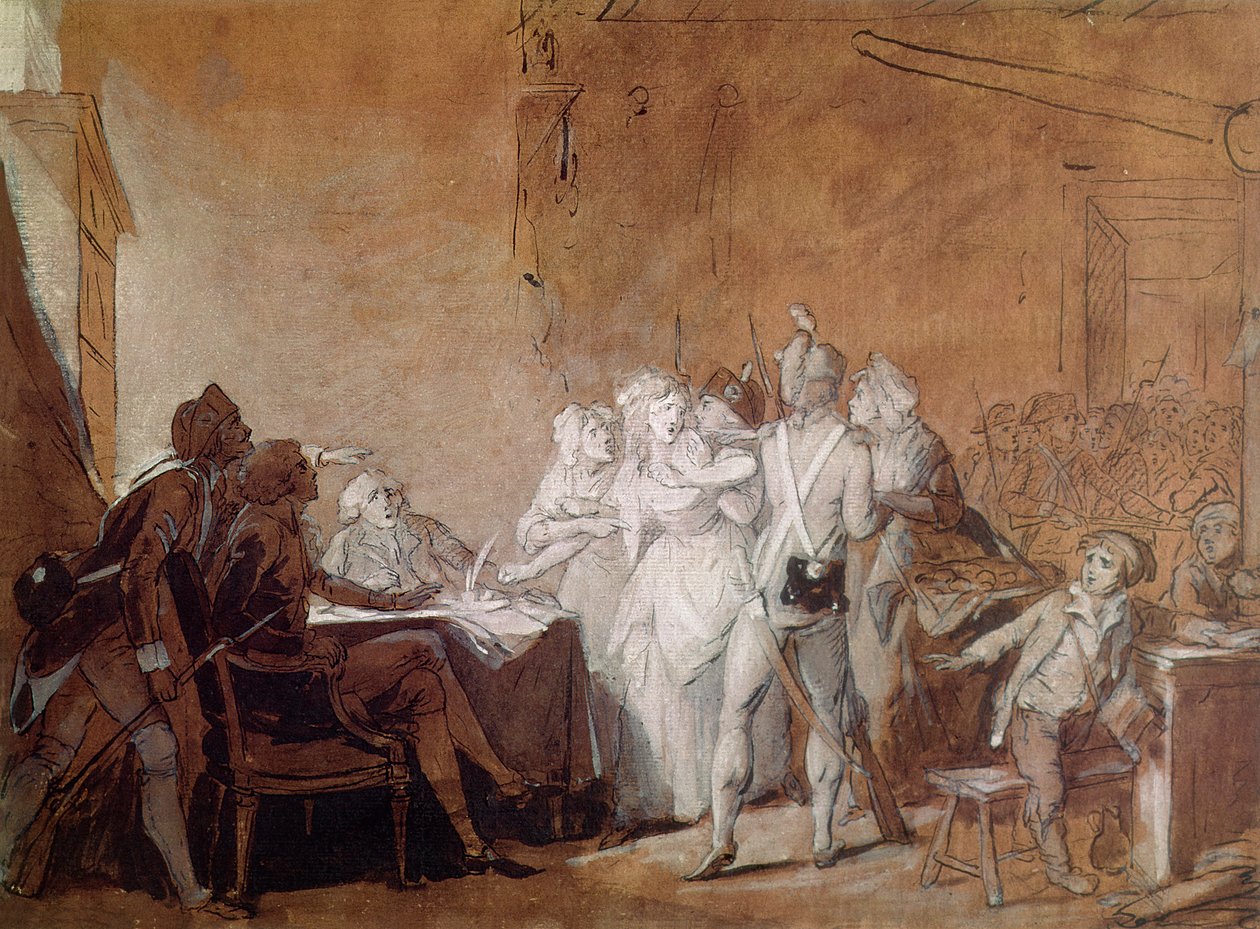 Charlotte Cordayn pidätys (kynä ja muste ja wc paperilla) tekijältä Louis Leopold Boilly