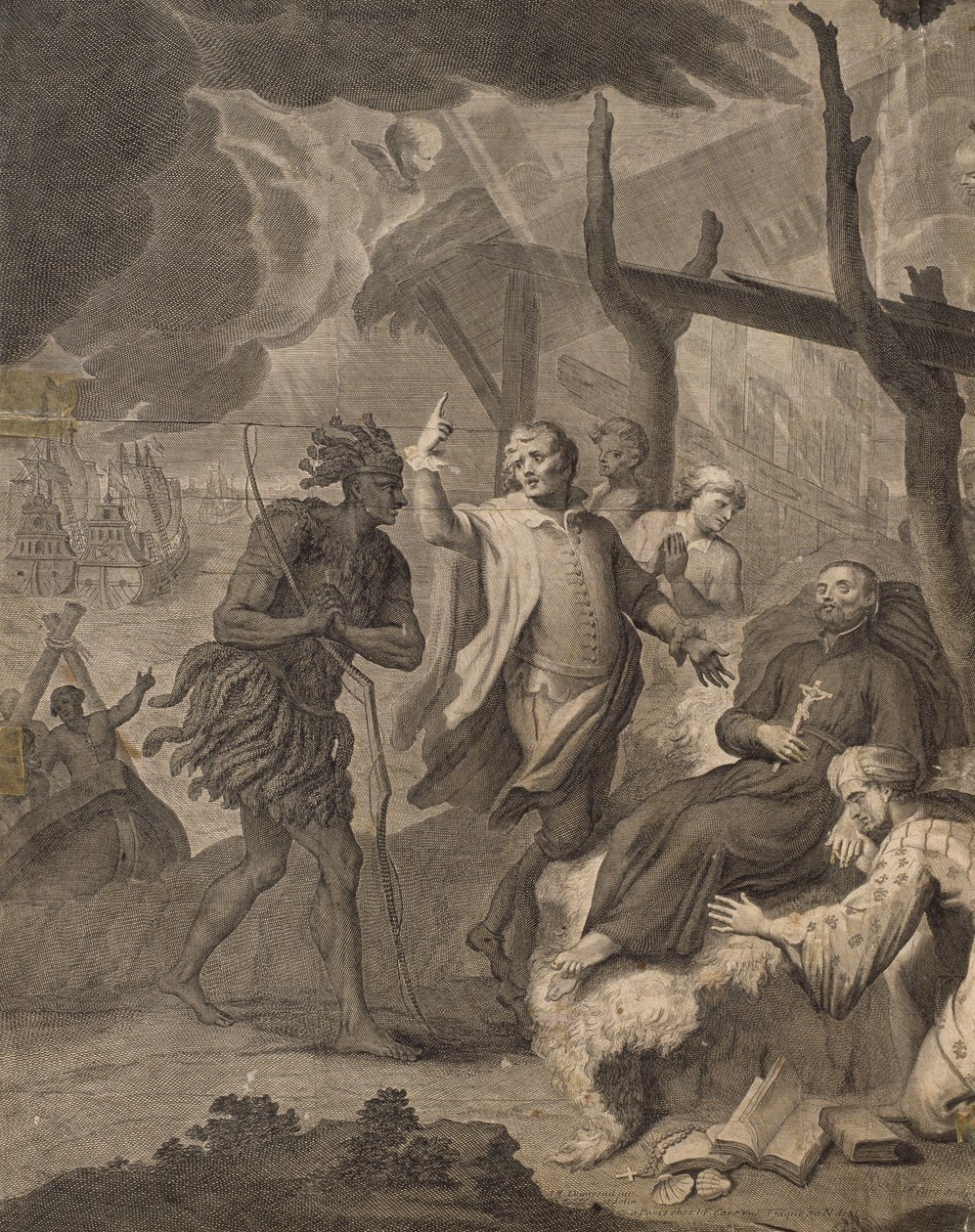Ensimmäiset ranskalaiset saapuivat Kanadaan, kaiverrus Laurent Cars (1699-1771) tekijältä Louis Michel Dumesnil
