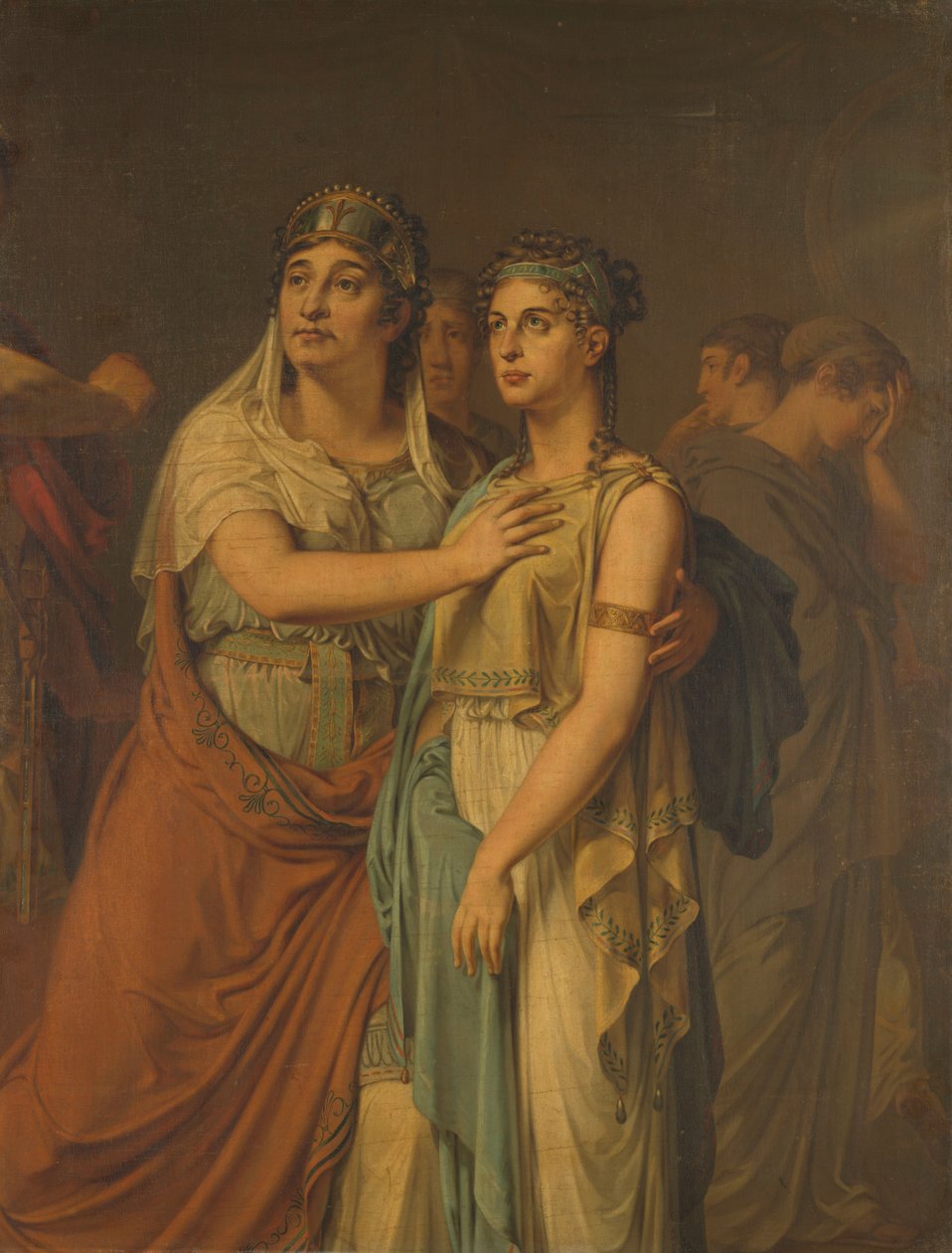 Näyttelijät Joanna Cornelia Ziesenis-Wattier ja Geertruida Jacoba Grevelink-Hilverdink Jean Racinen teoksessa Iphigenia. tekijältä Louis Moritz