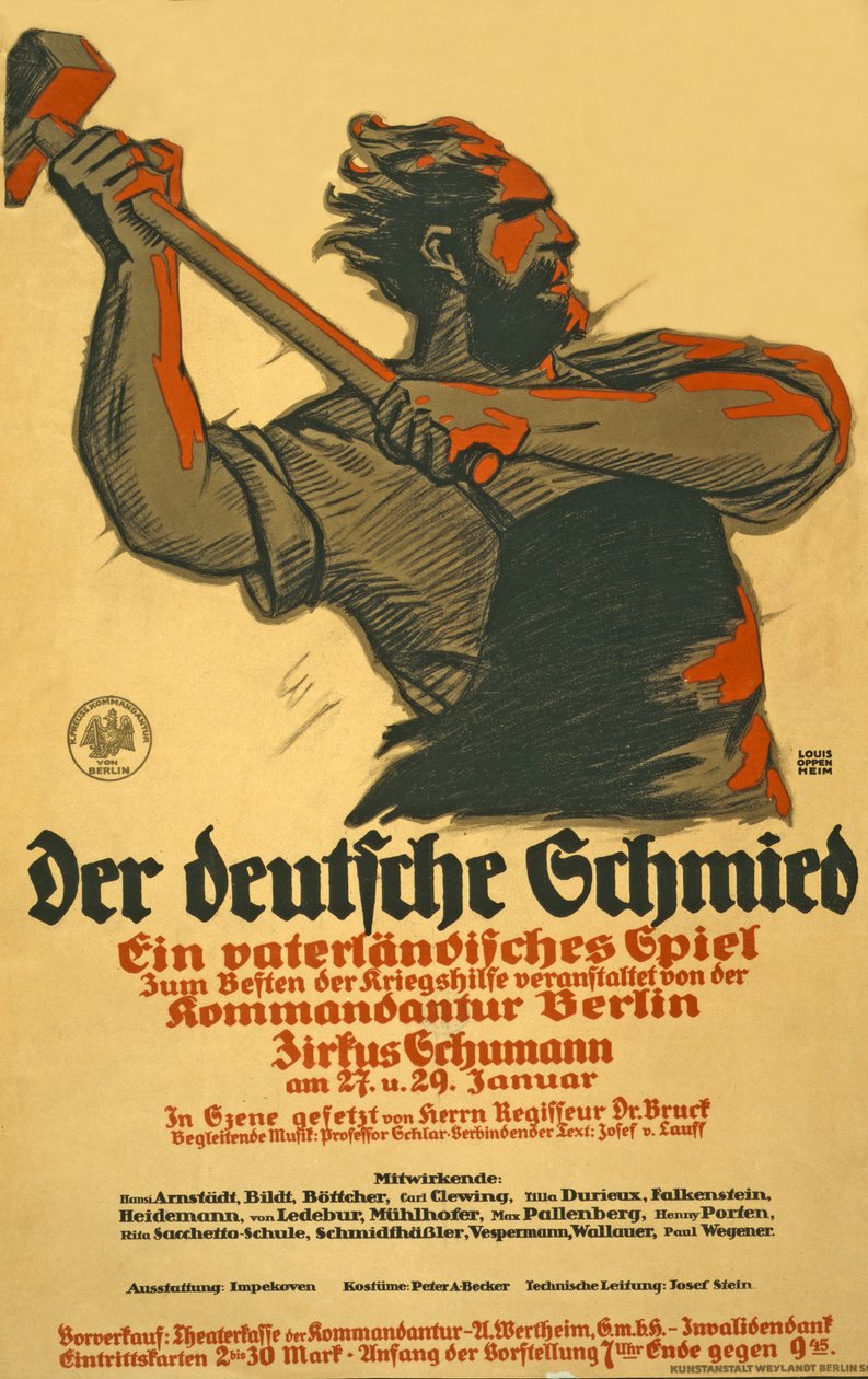 Juliste, joka ilmoittaa näytelmästä Saksan sota-avun avuksi, n. 1914-1918 tekijältä Louis Oppenheim