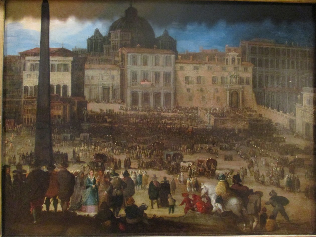 Vue de la place Saint-Pierre de Rome lorsque le pape Clément VIII apparaît à la loggia après son élection en 1592 tekijältä Louis de Caullery