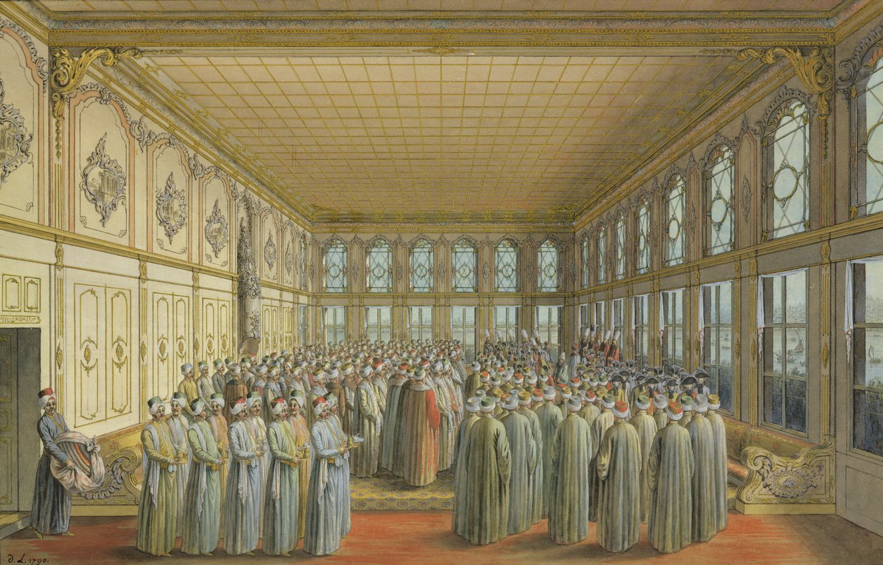 Suurvisiirin vastaanotto suurvisiirin toimesta Topkapin palatsissa, Konstantinopolissa, 1790 (wc ja vartaloväri liidulla, kynällä ja musteella paperille) tekijältä Louis Nicolas de Lespinasse