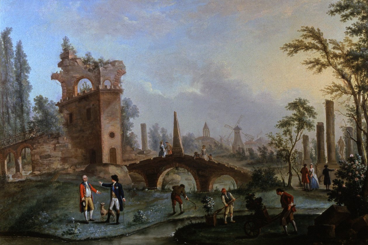 Parc Monceau, Pariisi, noin 1770 (maalaus). tekijältä Louis Carrogis Carmontelle
