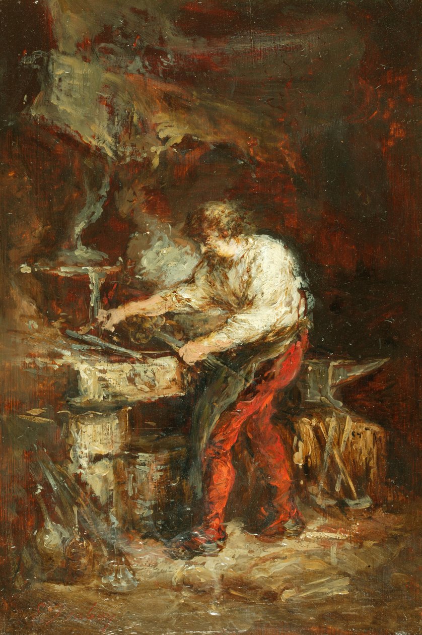 The Smithy (öljy paneelille) tekijältä Louis Eugene Gabriel Isabey
