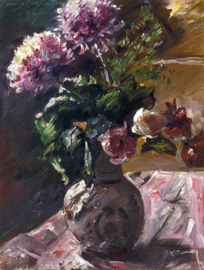 Chrysanthemen und Rosen in einem Krugn Englanti: Chrysanthemums and Roses in a Jugn tekijältä Lovis Corinth