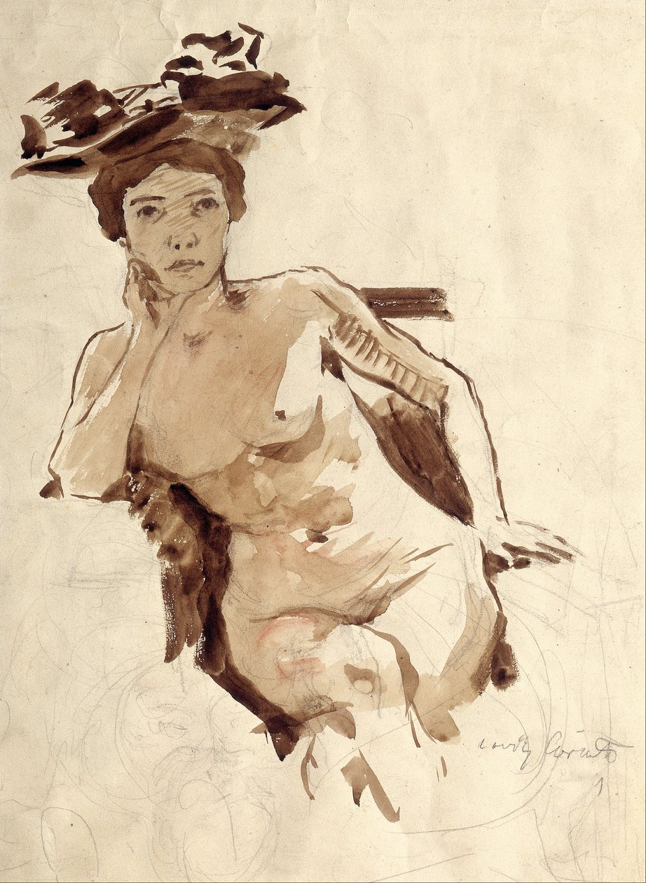 Nainen puoliksi alaston hatulla tekijältä Lovis Corinth