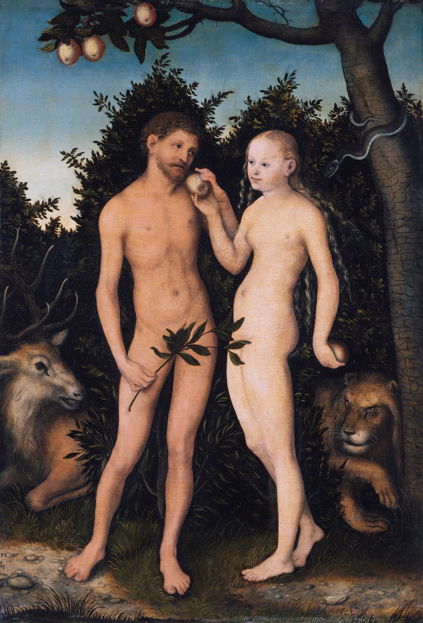 Aatami ja Eeva paratiisissa (Ihmisen syntiinlankeemus) tekijältä Lucas Cranach the Elder