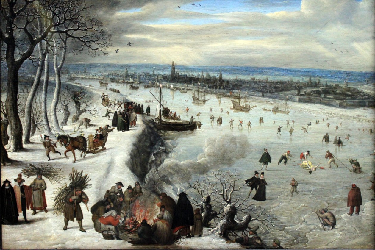 Ansicht von Antwerpen mit zugefrorener Schelde tekijältä Lucas van Valckenborch