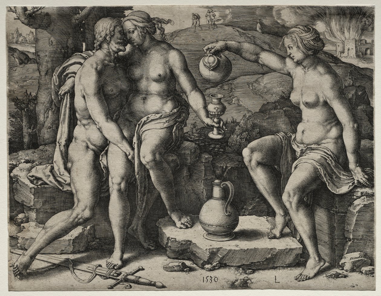 Loot ja hänen tyttärensä, 1530. tekijältä Lucas van Leyden