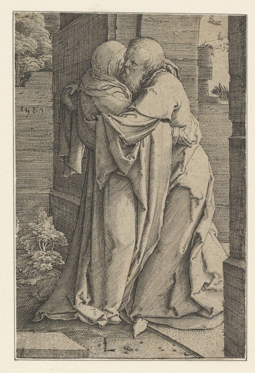Pyhä Joakim halaa Pyhää Annaa, 1520. tekijältä Lucas van Leyden
