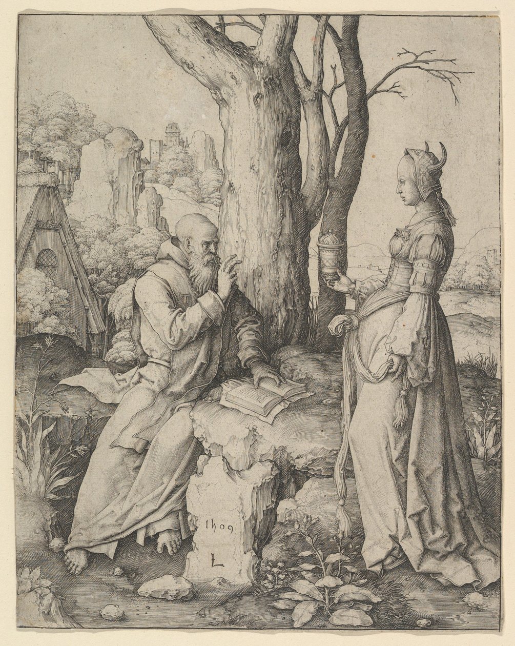 Pyhän Antoniuksen kiusaus, 1509. tekijältä Lucas van Leyden