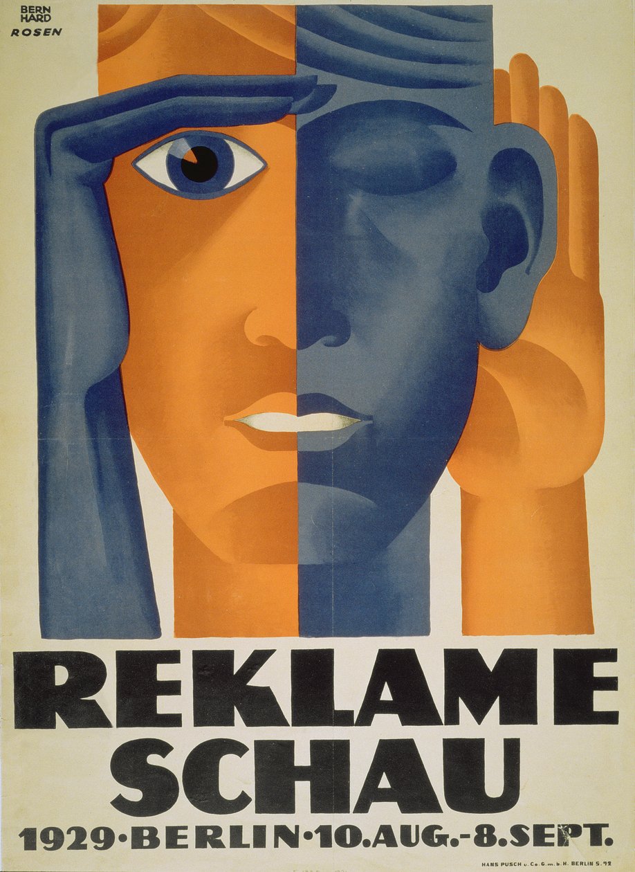 "Reklameschau", juliste Berliinin mainosnäyttelyyn, 1929 tekijältä Lucian and Rosen, F. Bernhard