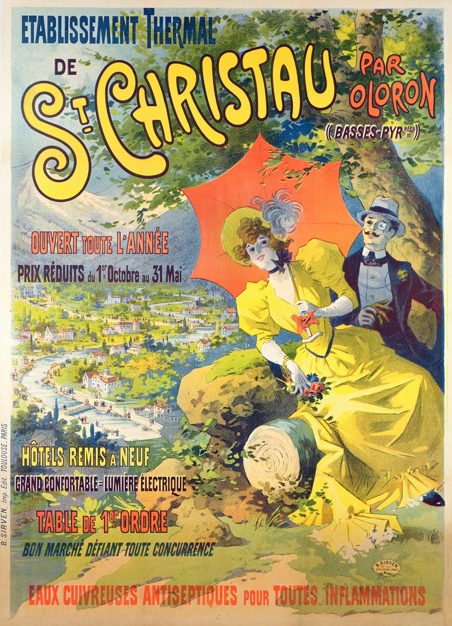 St Christau par Oloron -hotellia mainostava juliste, painanut B. Sirven, Toulouse-Pariisi, n. 1900 tekijältä Lucien Baylac