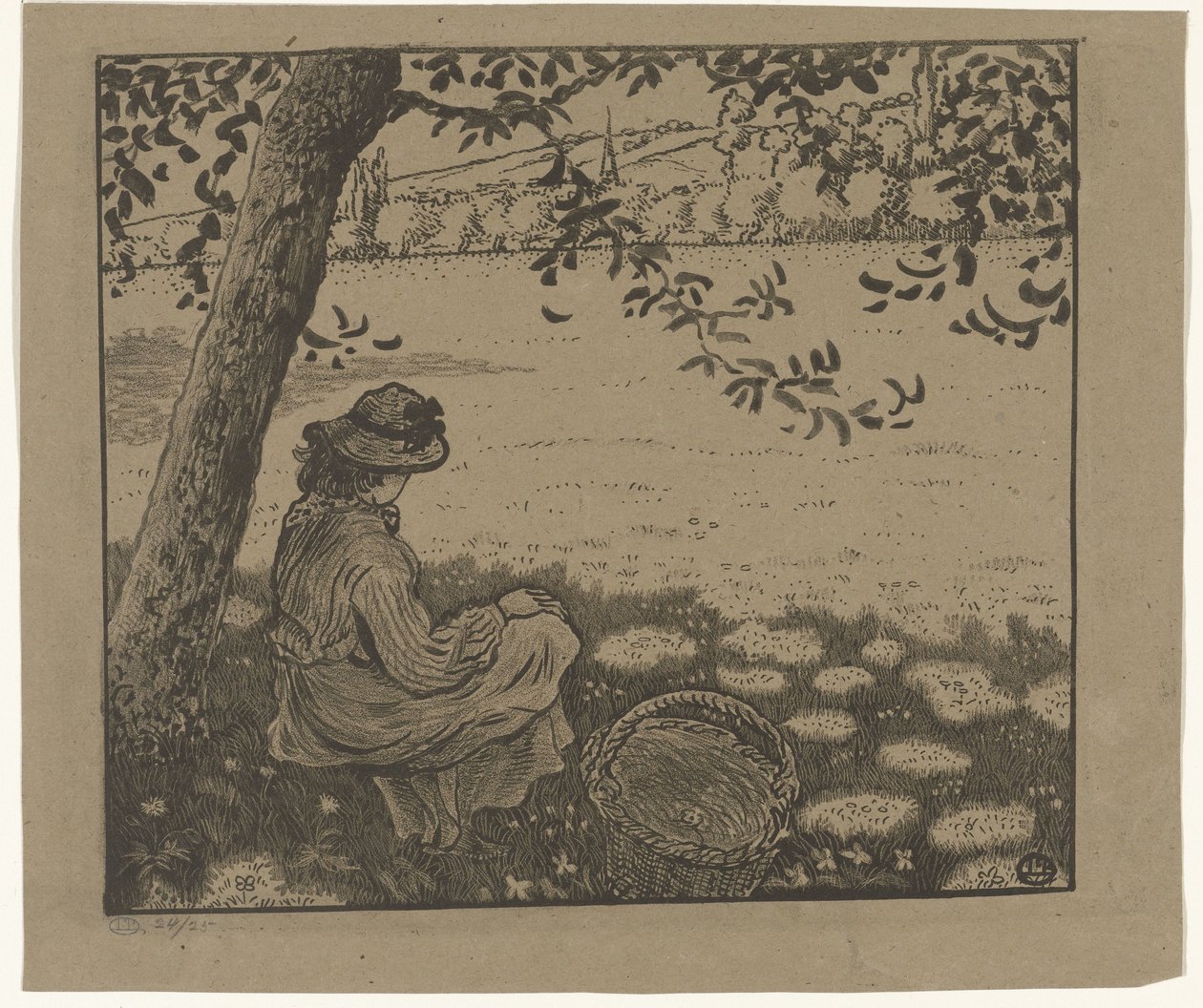 Tyttö puun alla niityllä tekijältä Lucien Pissarro
