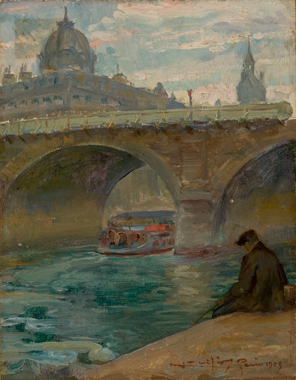 Seine RivernFrancais: Notre-Damen Le Pont a Paris avec en arriere suunnitelma le dome du tribunal de commercen Portugali: O Senan tekijältä Lucilio de Albuquerque