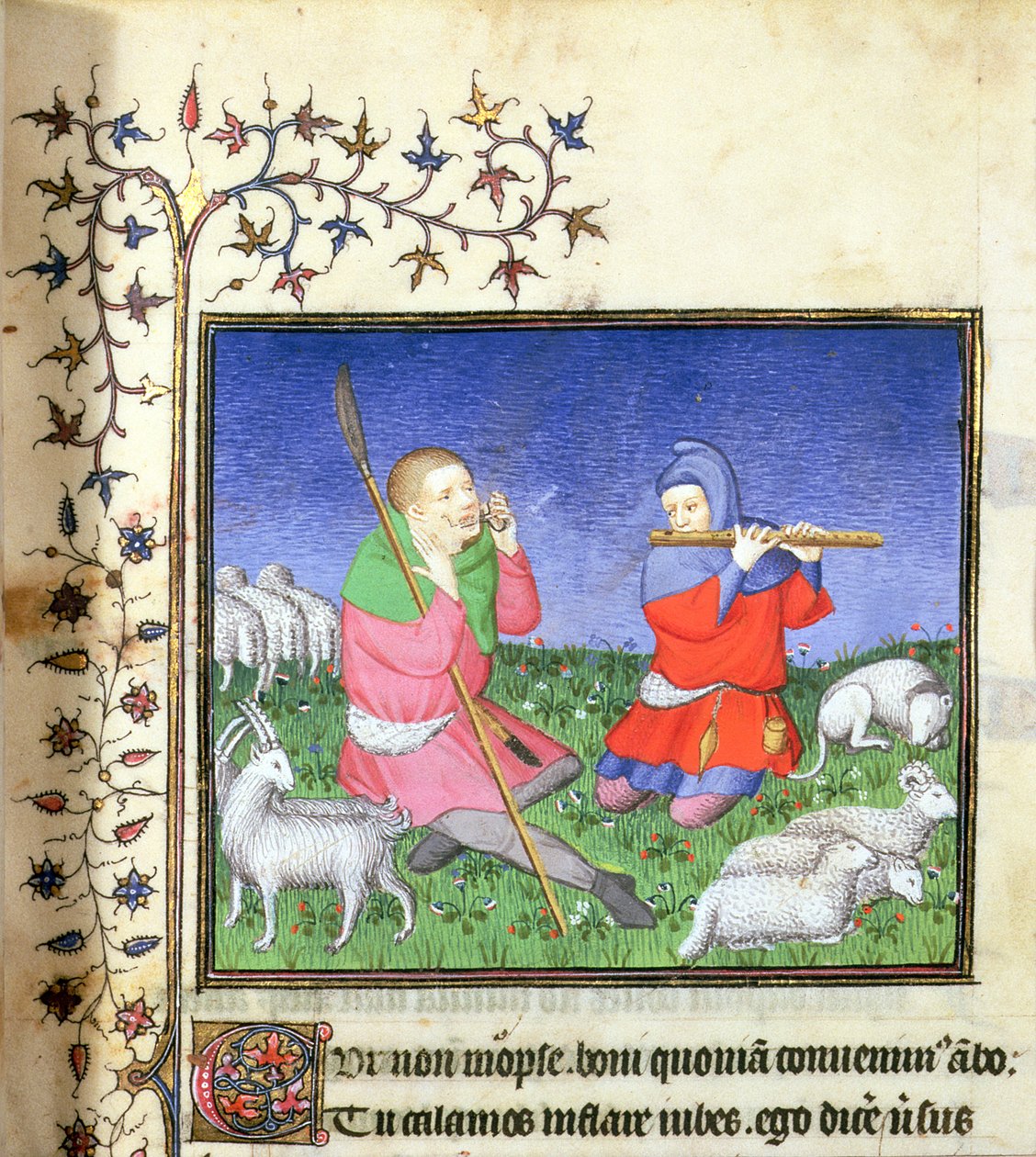MS. 307, fol.20r Kuvitus Eclogue 5:een, Pariisi, noin 1410. tekijältä Lucon Master