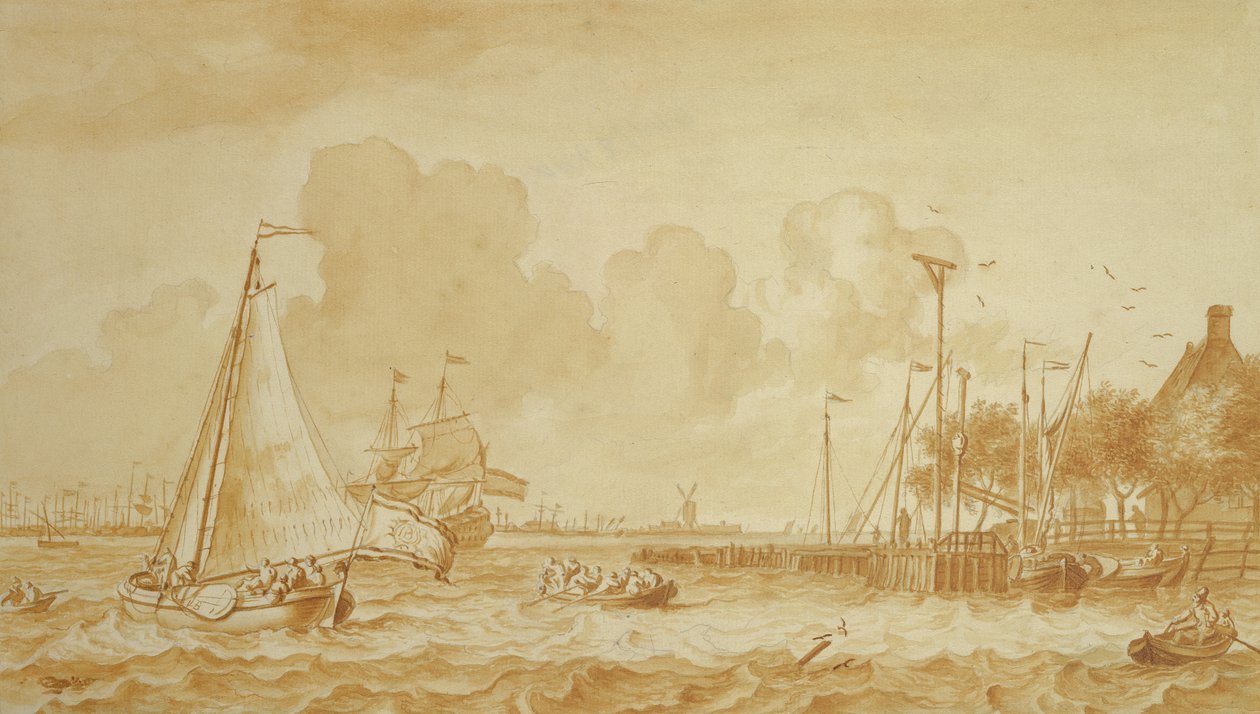 Y-tien varrella lähellä Amsterdamia, 1680 (kynä ja lyijykynä paperilla) tekijältä Ludolf Backhuysen