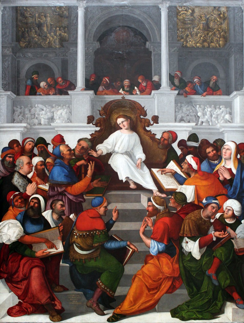Der zwölfjährige Jesus im Tempel lehrend tekijältä Ludovico Mazzolino