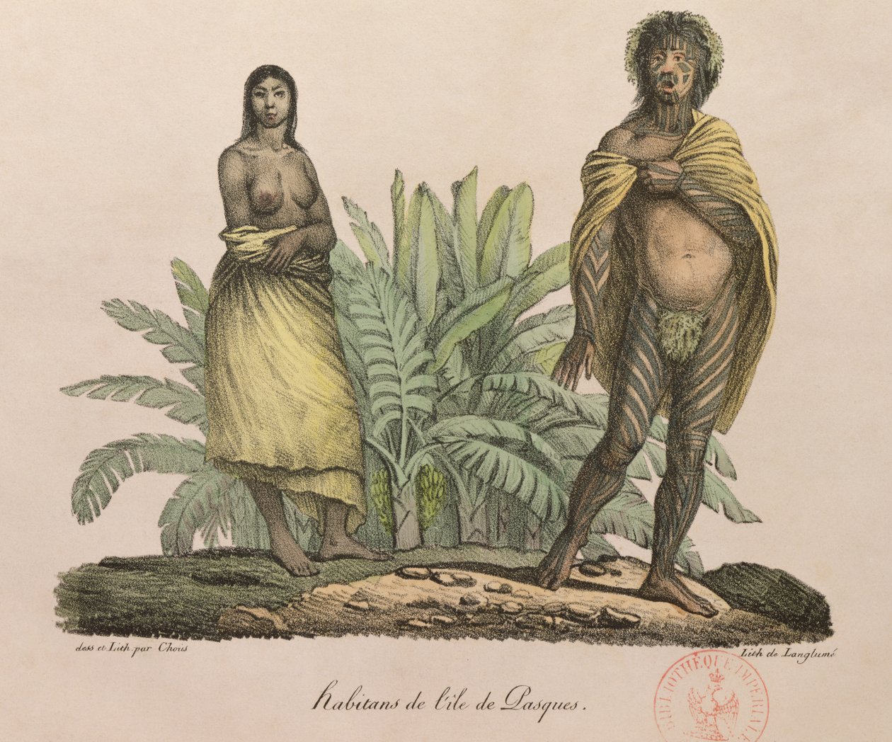 Pääsiäissaaren asukkaat teoksesta "Voyage Pittoresque Autour du Monde", kaiverrus G. Langlume, 1822 tekijältä Ludwig Choris