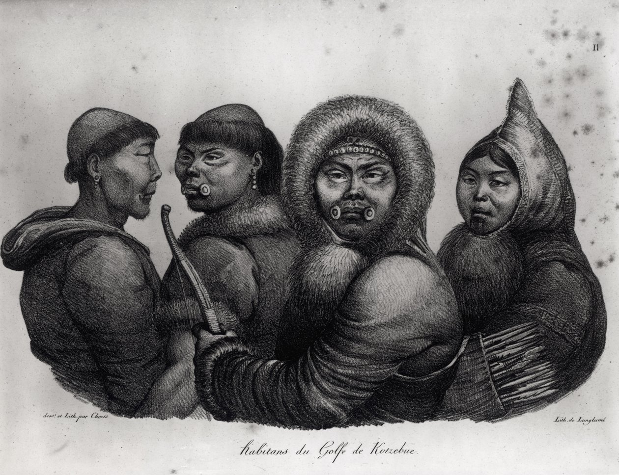 Kotzebuen lahden asukkaat teoksesta Voyage Pittoresque autour du Monde, kaiverrus Langlume (fl.1822-24) tekijältä Ludwig Choris