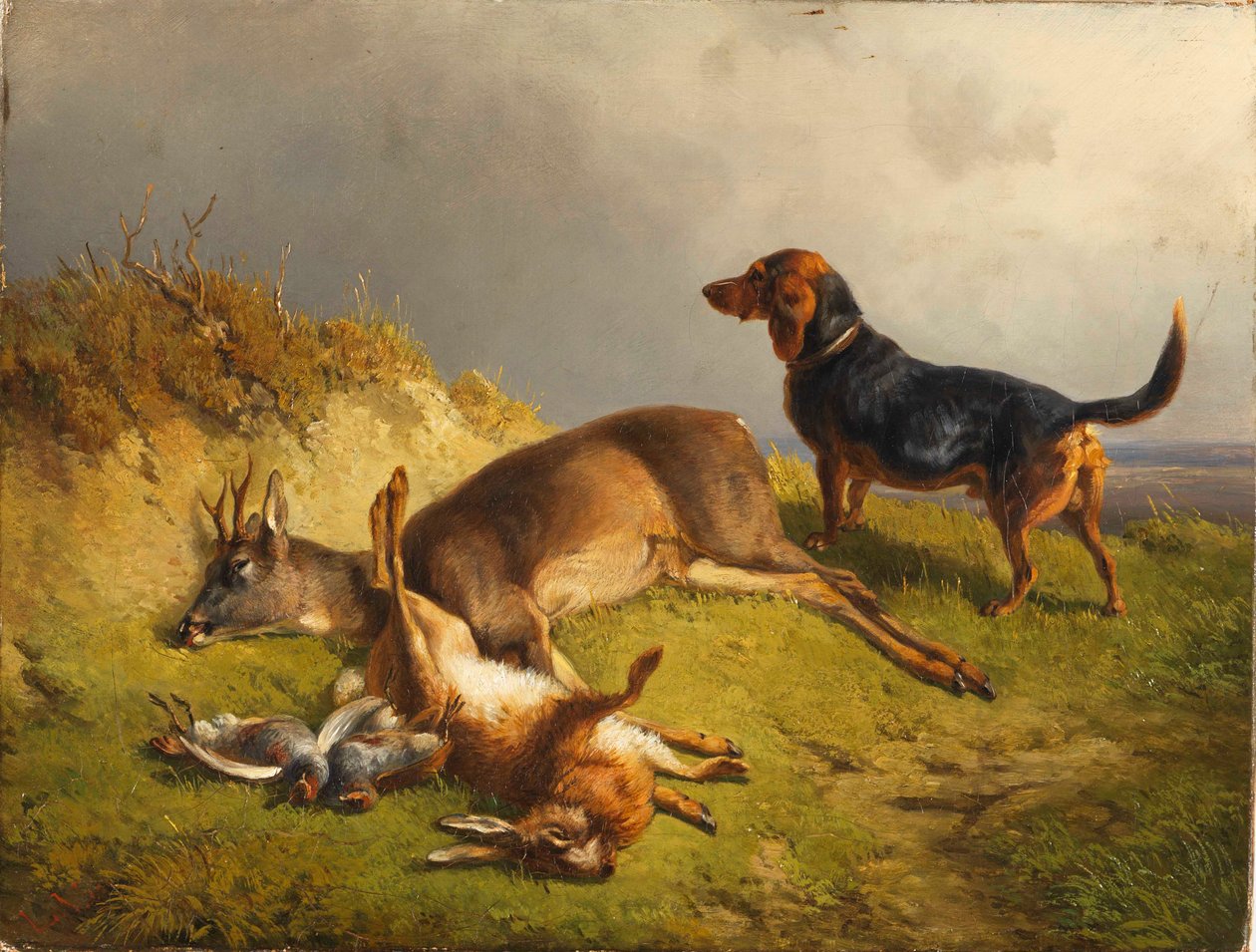 Erlegtes Wild ja Jagdhund tekijältä Ludwig Gustav Voltz