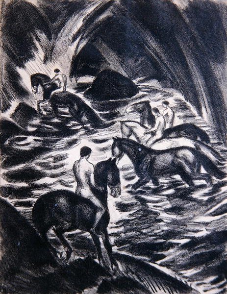 Nuorten ratsastus (litho) tekijältä Ludwig von Hofmann