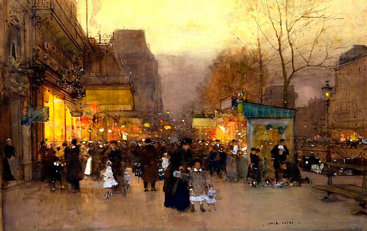 Porte St Martin joulun aikaan, Pariisi, n. 1890 (tempera paneelissa) tekijältä Luigi Loir