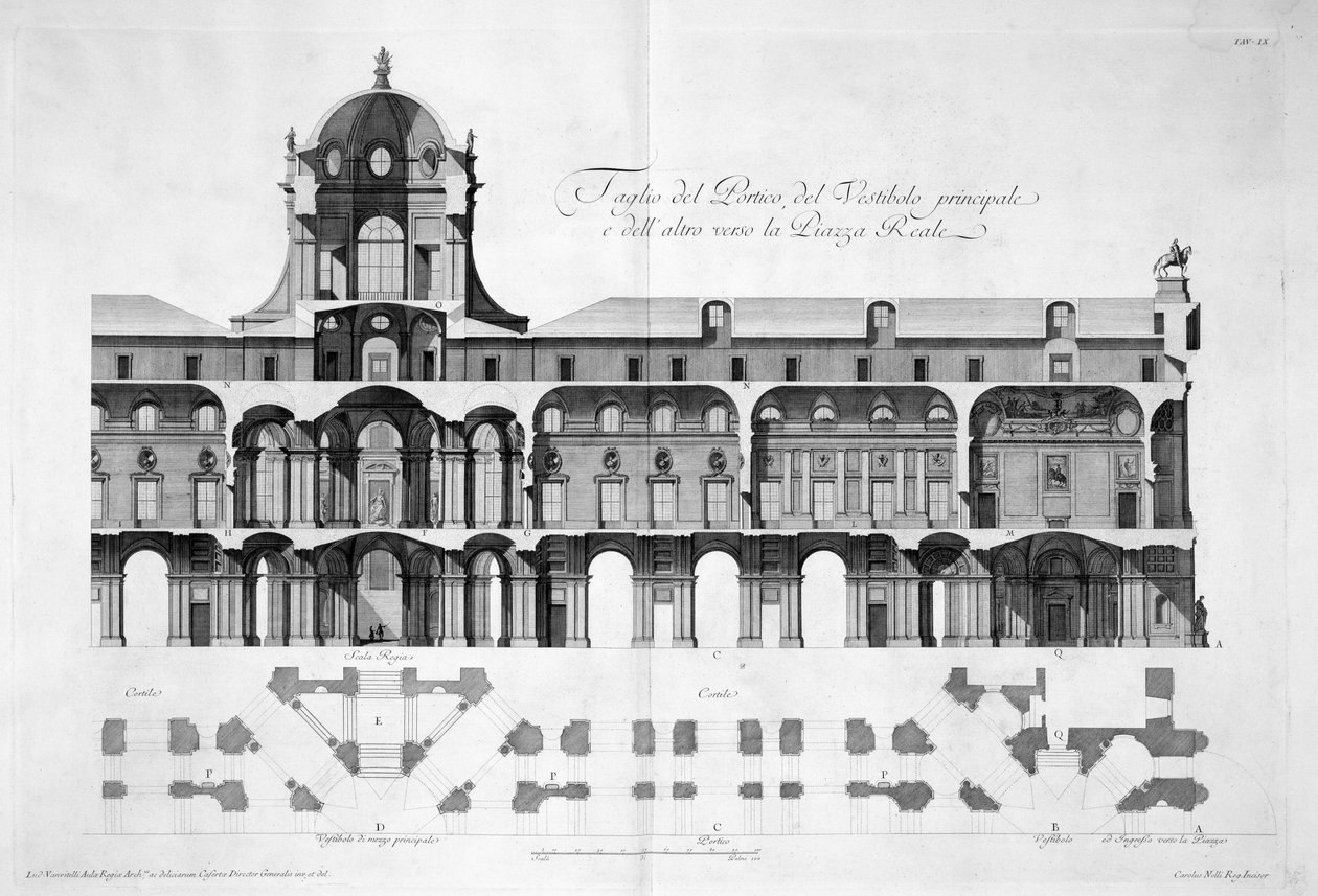 Casertan kuninkaallisen palatsin suunnittelu 1756 tekijältä Luigi Vanvitelli