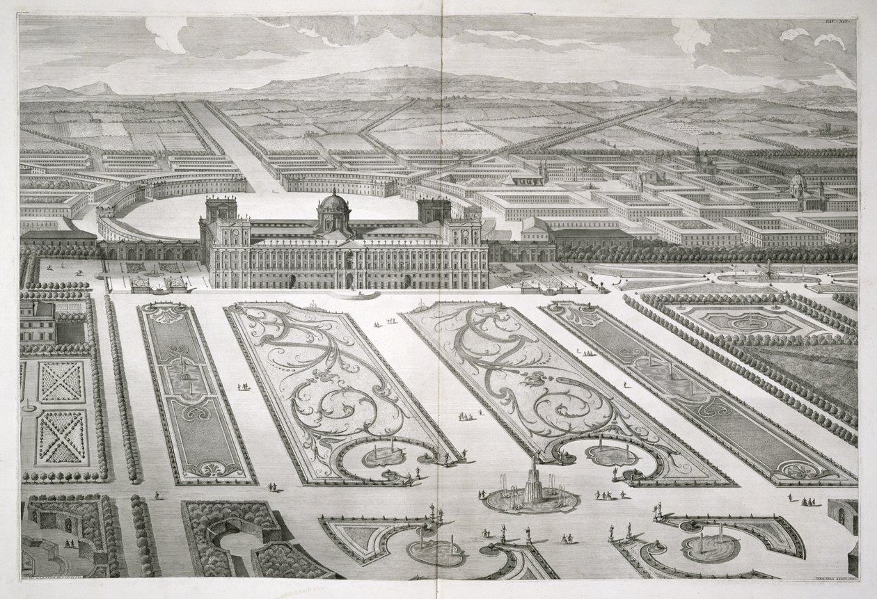 Palazzo di Caserta, julkaisusta "Casertan kuninkaallisen palatsin piirustusten julistus", kaiverrettu Carlo Nolli (k. s. 1770), julkaistu 1756 tekijältä Luigi Vanvitelli