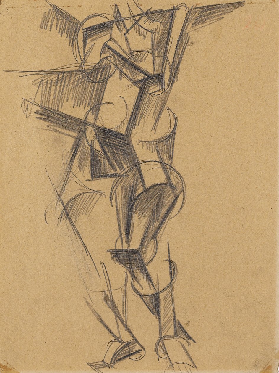 Kubistinen mies (pysyvä hahmo), 1915 (grafiitti kudottupaperille) tekijältä Lyubov Sergeevna Popova