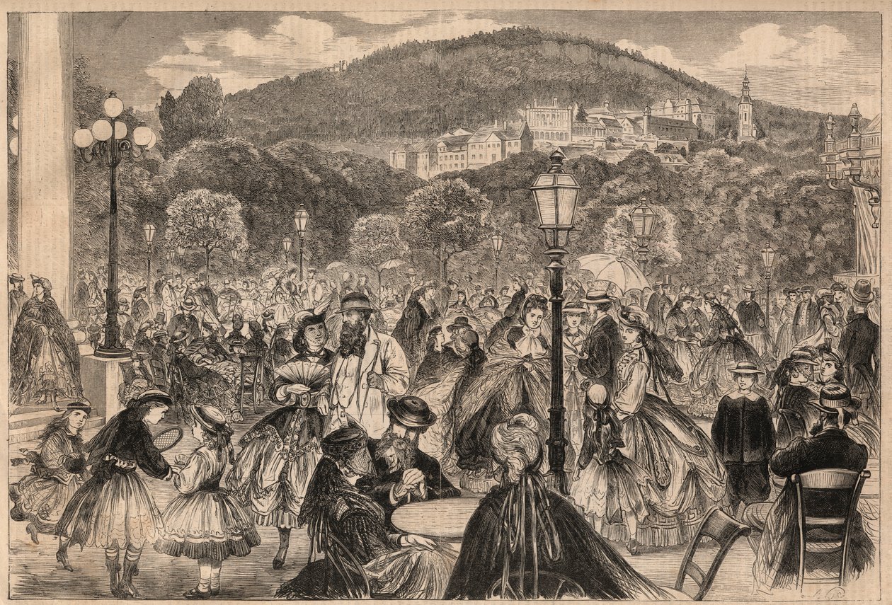 Saksa Baden Baden 1865: kävelykatu. tekijältä M. after Pietsch