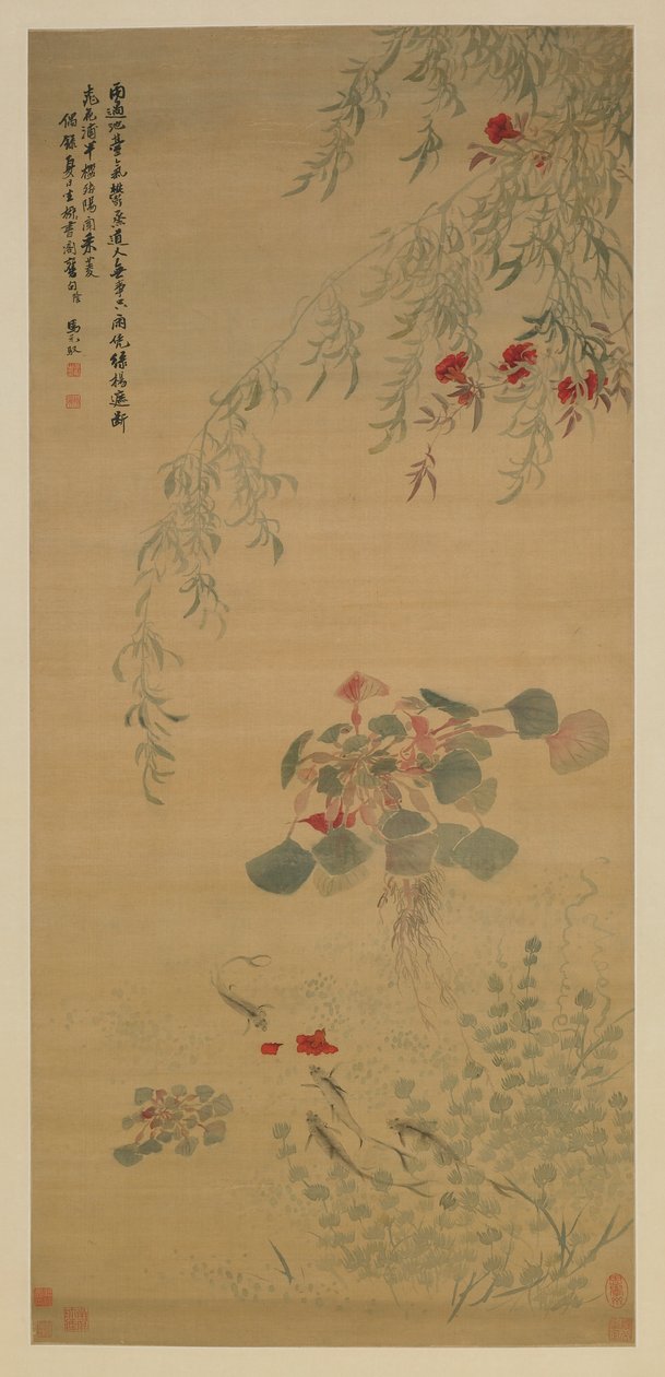 Pudonneet kukat, utelias kala, Qing-dynastia, 1700-luvun alku (väri silkillä) tekijältä Ma Yuanyu