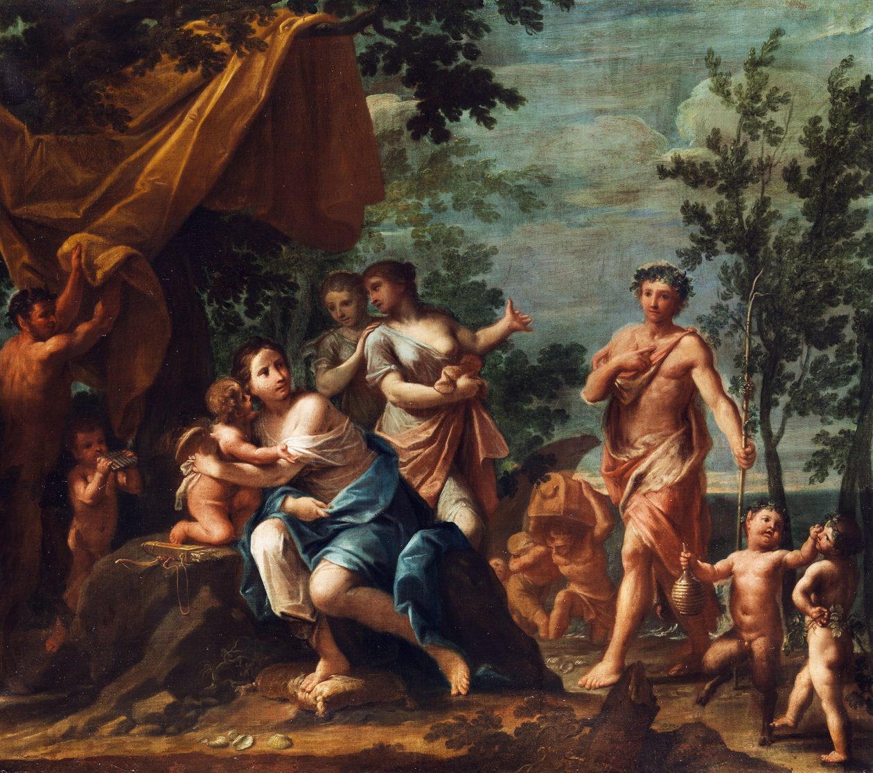 Apollo ja Hirte nähert sich den drei Grazien, mit Venus, Cupido, Amoretten, Pan und Panskindern. tekijältä Marcantonio Franceschini