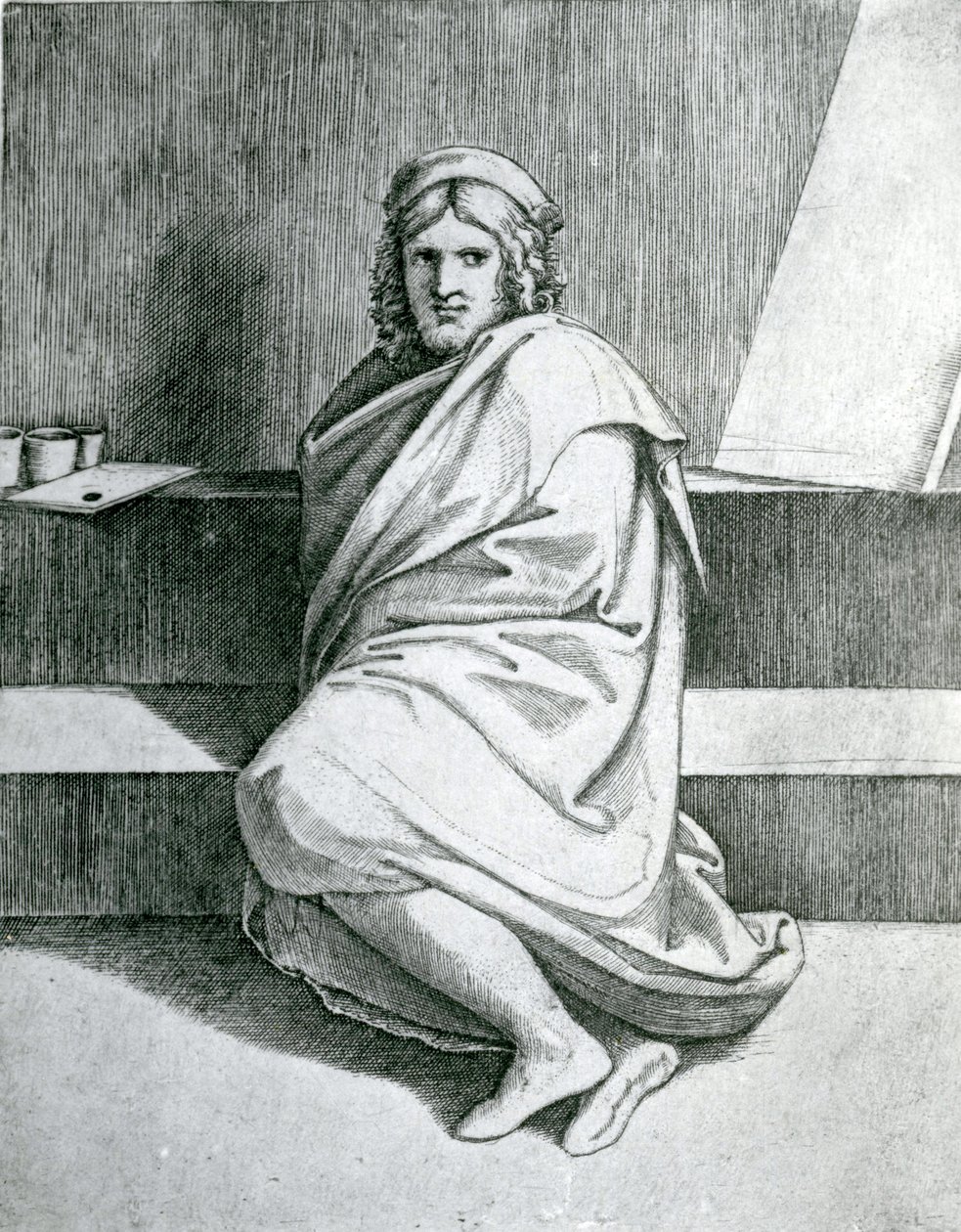 Rafael viittassa, n. 1520 tekijältä Marcantonio Raimondi