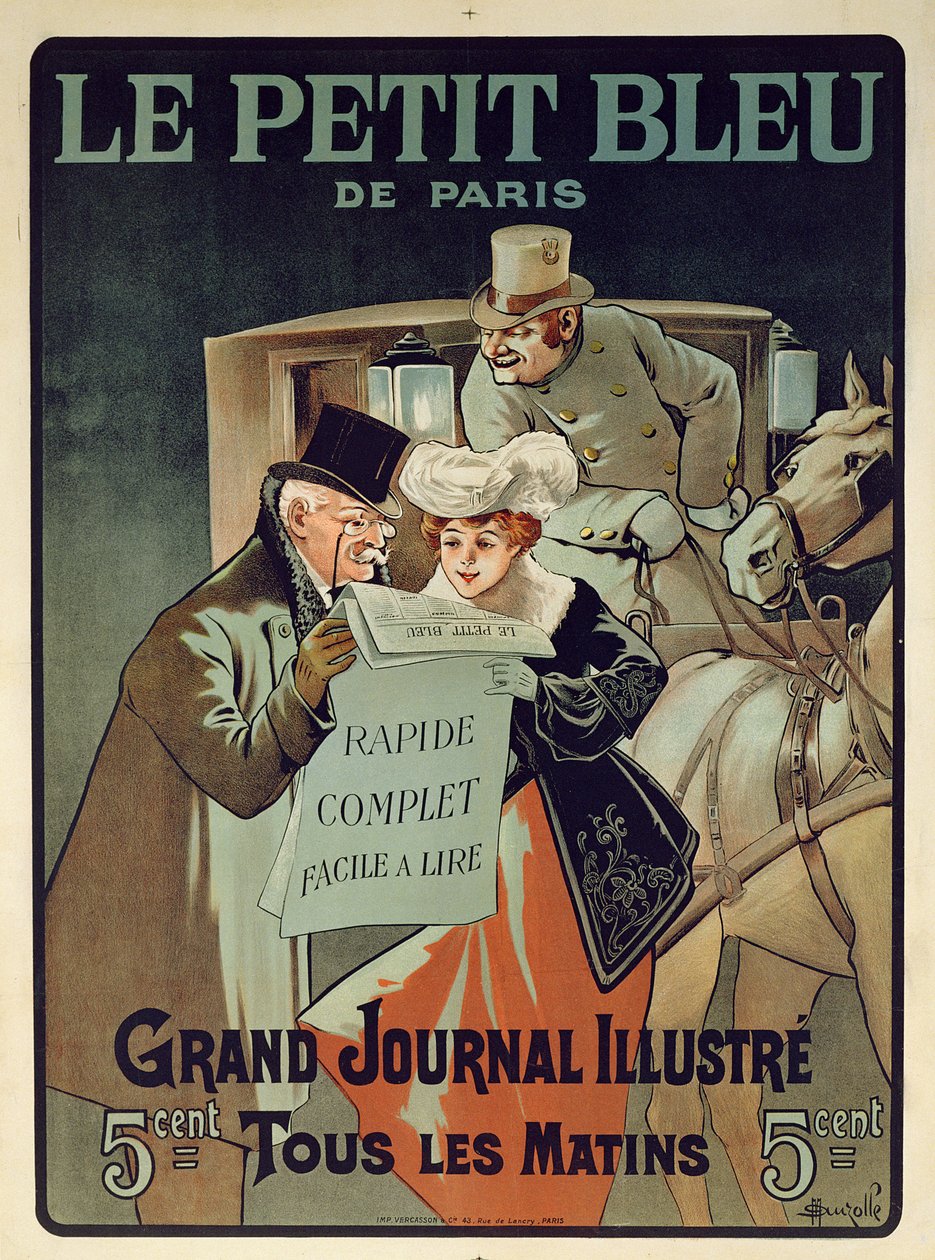 Ranskalainen juliste, joka mainostaa sanomalehteä "Le Petit Bleu de Paris" tekijältä Marcelin Auzolle